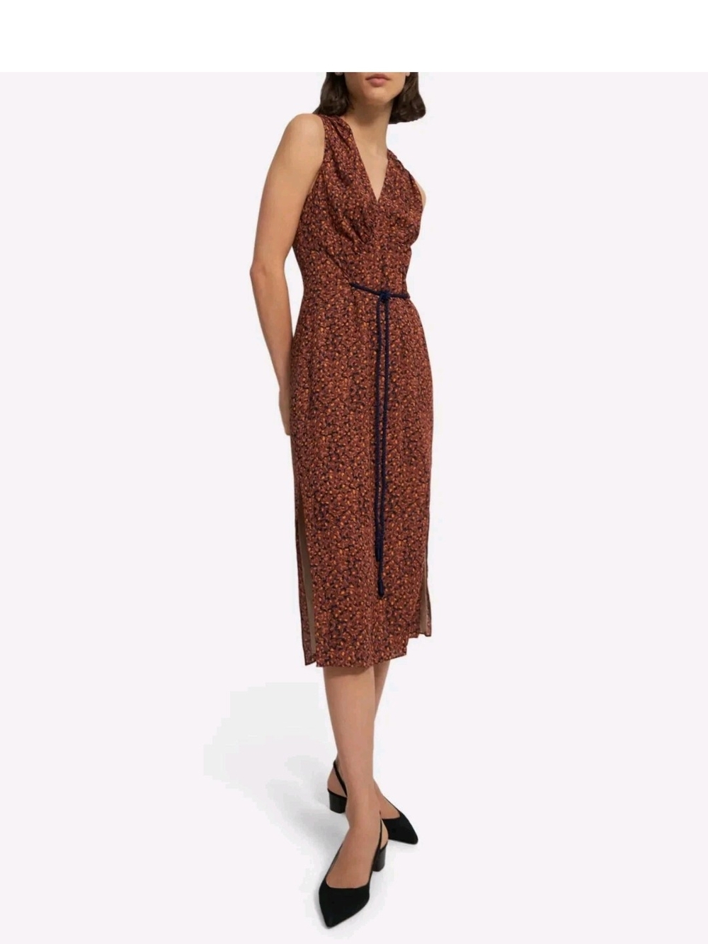Theory Rust Floral V-Neck Midi Dress with Tie Waist - Picture 4 of 9